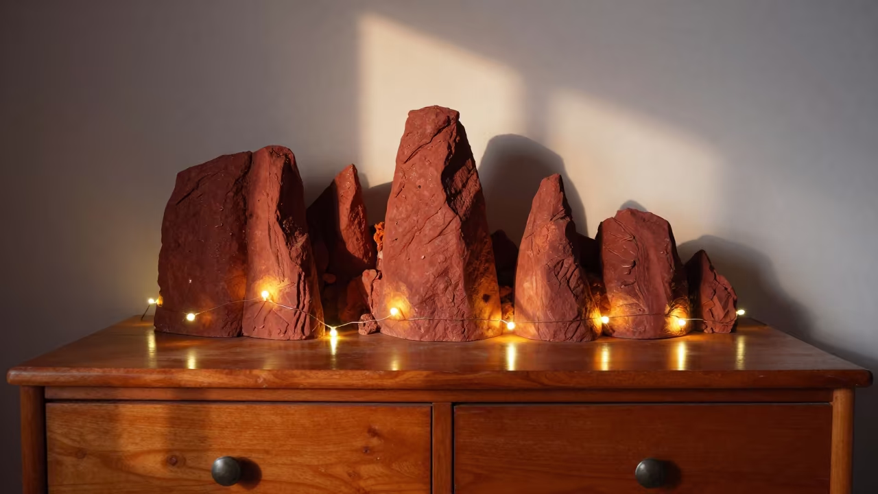 Miniature Danxia Sandstone Pillars on Dijon Dresser in on a hotel dresser in Dijon