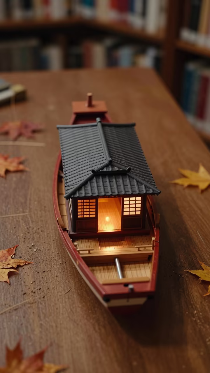 Miniature Houseboat on Library Table in Osaka in on a dusty library table in Osaka