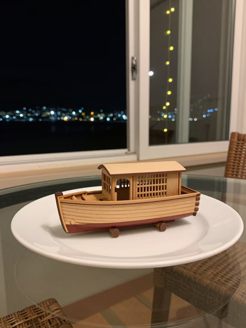 Miniature Houseboat Model on Cape Town Cafe Table in on a cafe table by a window in Cape Town