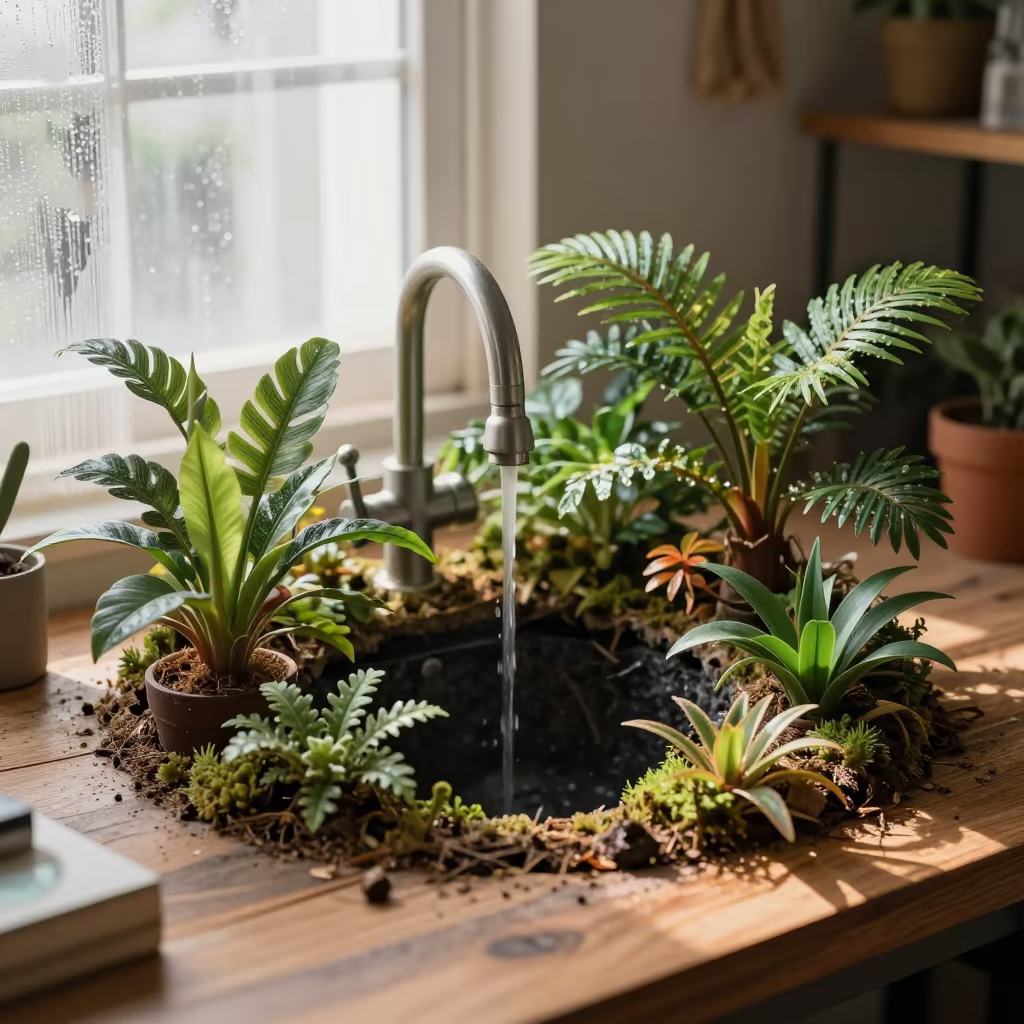 Miniature Jungle Sinkhole on Bangkok Workbench in on a wooden workbench in Bangkok