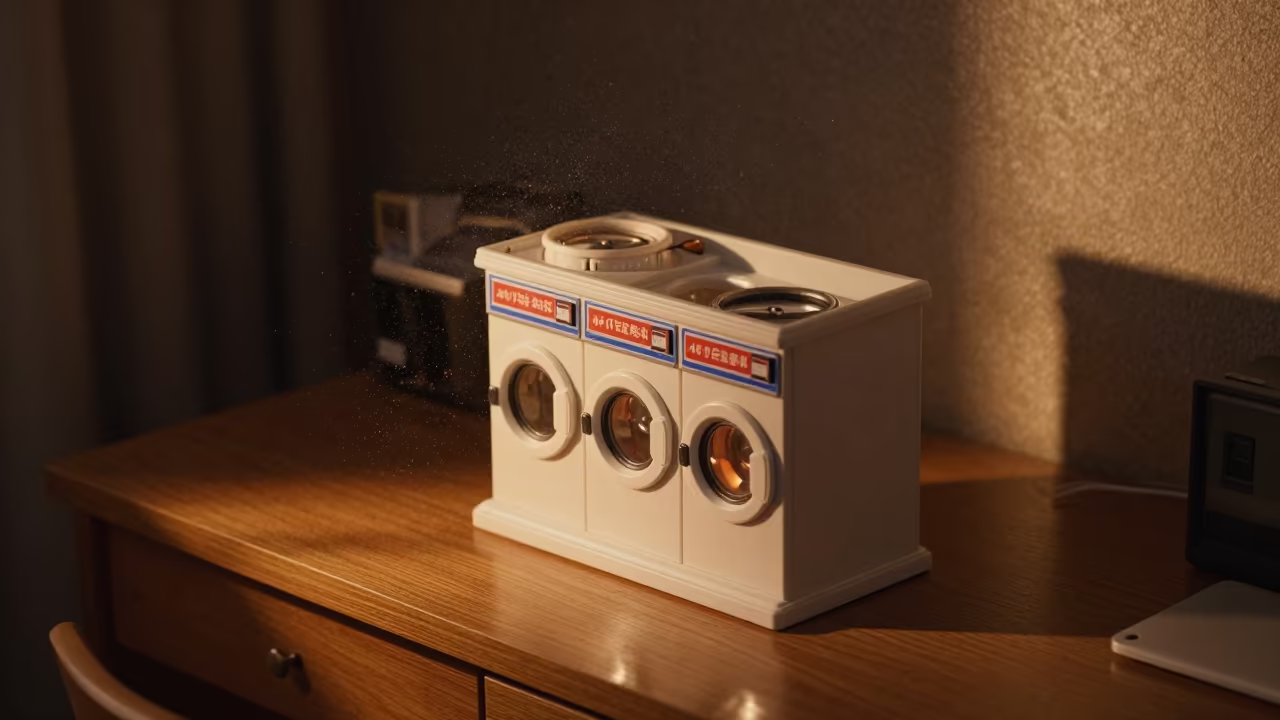 Miniature Laundromat Night in Koenji Tokyo Desk in on a writing desk in Koenji, Tokyo