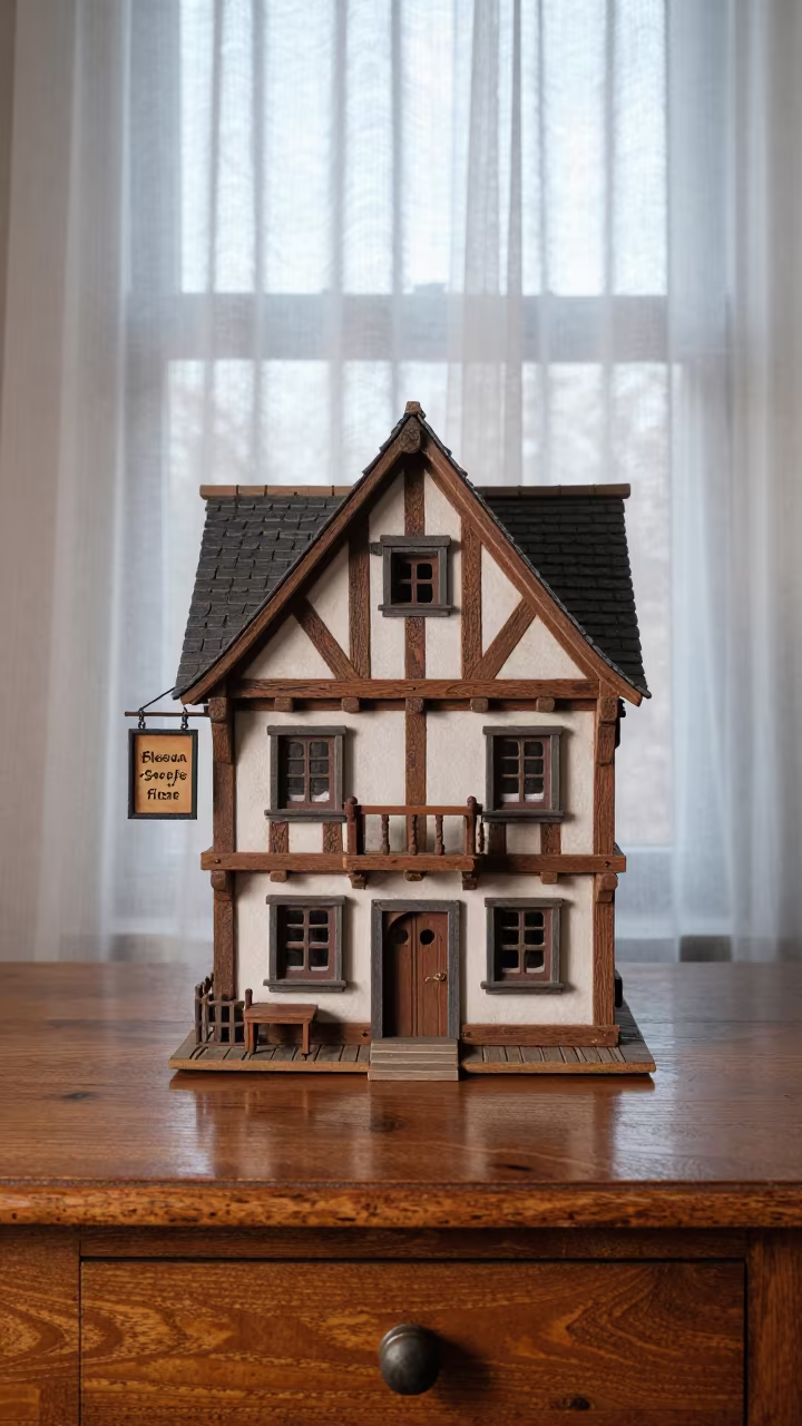 Miniature Medieval Inn Model on Desk in on a writing desk near Wenzhou