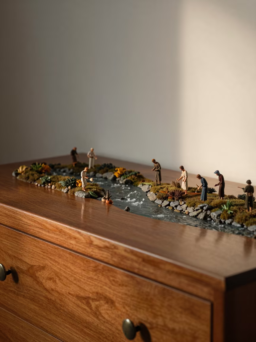 Miniature Pilgrims at River Confluence on Dresser in on a hotel dresser in Munich