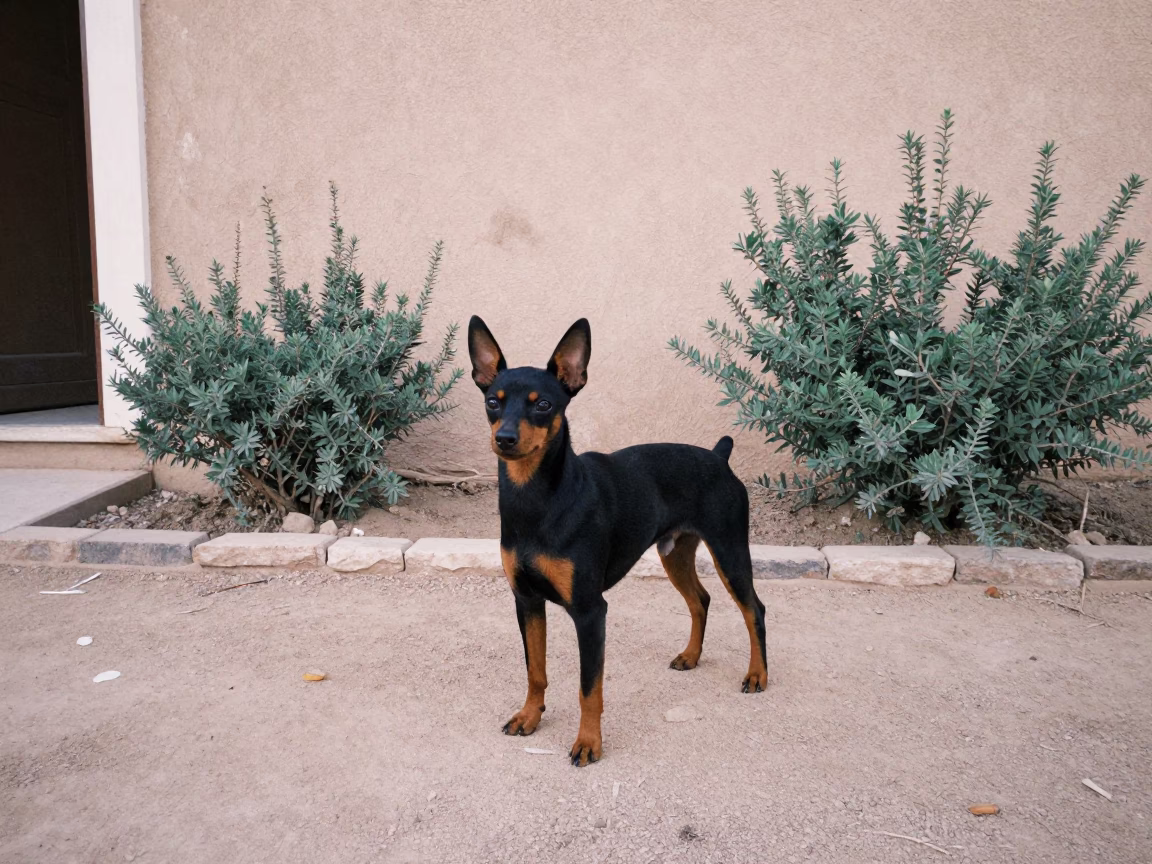 Miniature Pinscher in Luxor Garden Morning Light in near a garden edge with soft morning light and an uncluttered background in Luxor