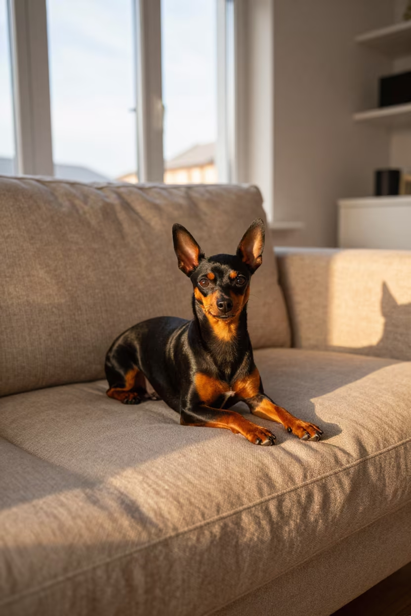 Miniature Pinscher on Linen Sofa in Trondheim in on a linen sofa with daylight from a nearby window in Trondheim