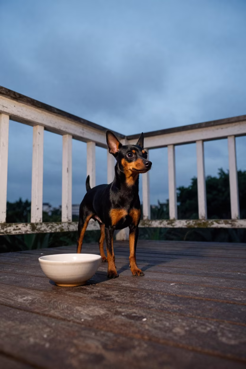 Miniature Pinscher on São Paulo Porch Evening in on a shaded front porch with boards, railings, and eye-level framing in São Paulo