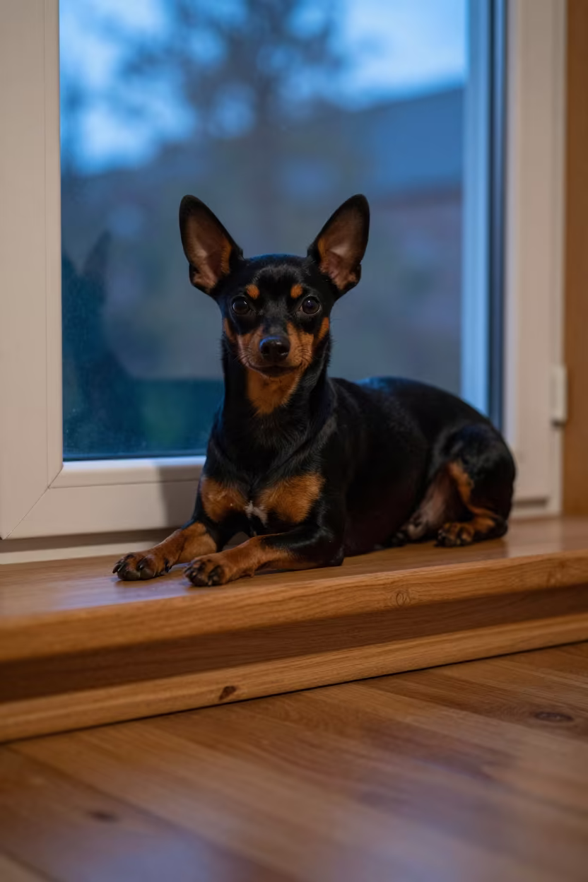 Miniature Pinscher on Window Seat in Evening Light in on a window seat in a quiet apartment with soft side light in Bareilly