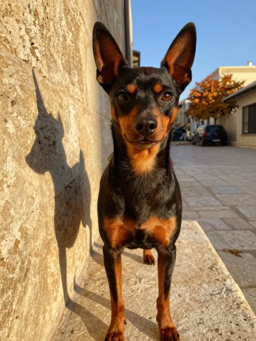 Miniature Pinscher Portrait Algiers Courtyard in beside a plain courtyard wall in clear daylight with the animal at eye level in Algiers