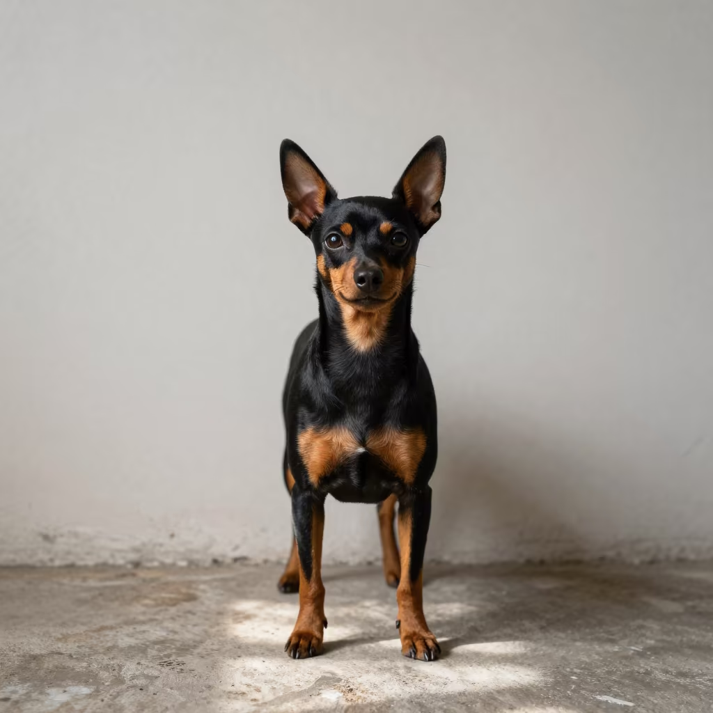 Miniature Pinscher Portrait Beside Plaster Wall in beside a plain plaster wall in soft indoor light with the animal centered in frame in Bayamo
