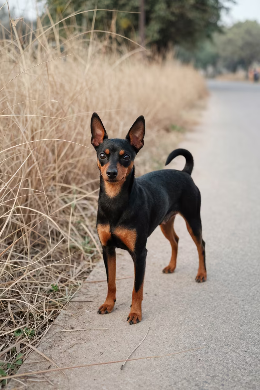 Miniature Pinscher Portrait on Pune Path in along a quiet park path with soft open shade and a clean background near Pune