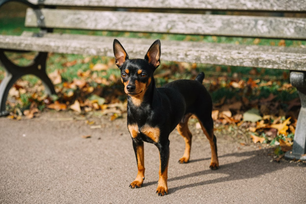 Miniature Pinscher Portrait on Quiet Park Path in along a quiet park path with soft open shade and a clean background near Nottingham