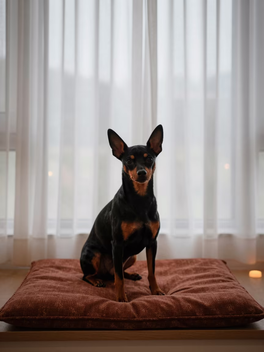 Miniature Pinscher Portrait on Window Seat in on a cushioned window seat with soft side light and an uncluttered background in Gangtok