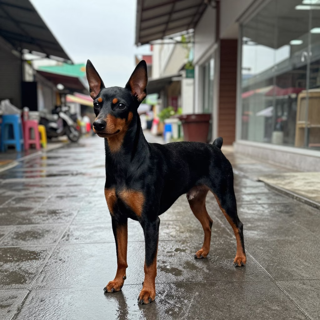 Miniature Pinscher Portrait on Yangon Park Path in along a quiet park path with soft open shade and a clean background in Bogyoke Market, Yangon