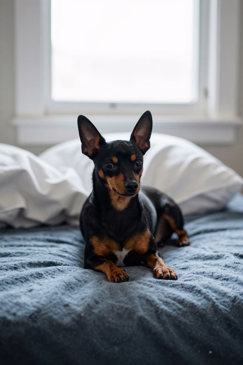 Miniature Pinscher Resting on Keelung Bedspread in on a bedspread near a bright window with calm indoor light in Keelung
