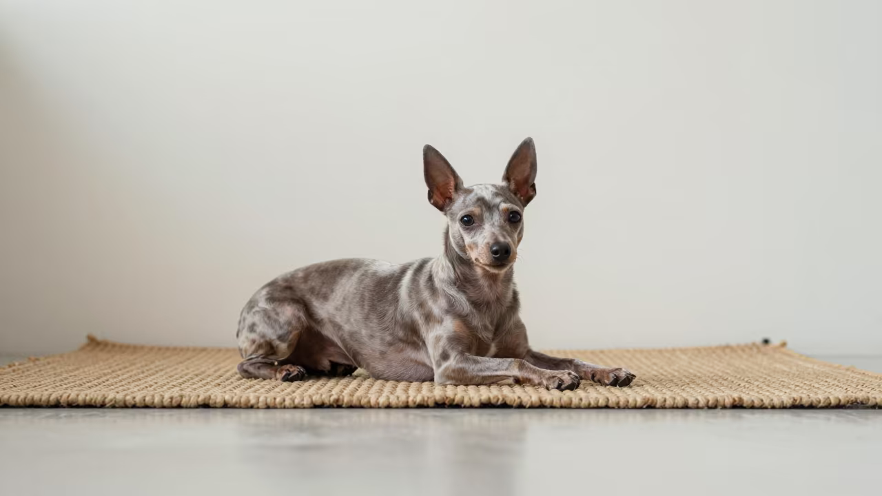 Miniature Pinscher Resting on Woven Rug in Toulouse Home in on a woven rug beside a low couch and an uncluttered wall in Toulouse