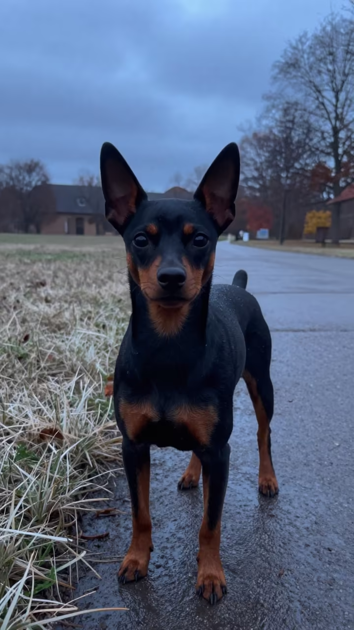 Miniature Pinscher Twilight Portrait in Larissa Park in along a quiet park path with soft open shade and a clean background near Larissa