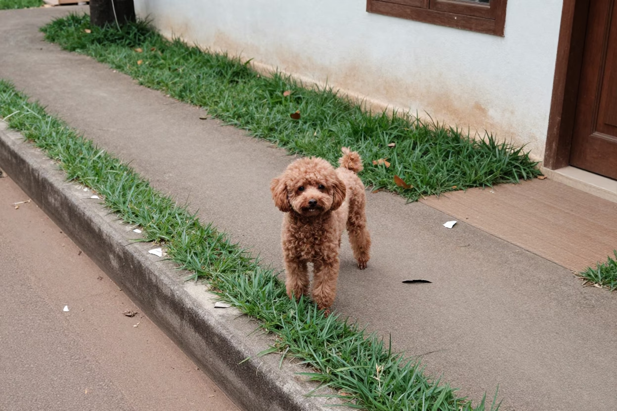 Miniature Poodle on Mombasa Park Path in in a small yard with clipped grass, calm light, and the animal centered in frame in Mombasa