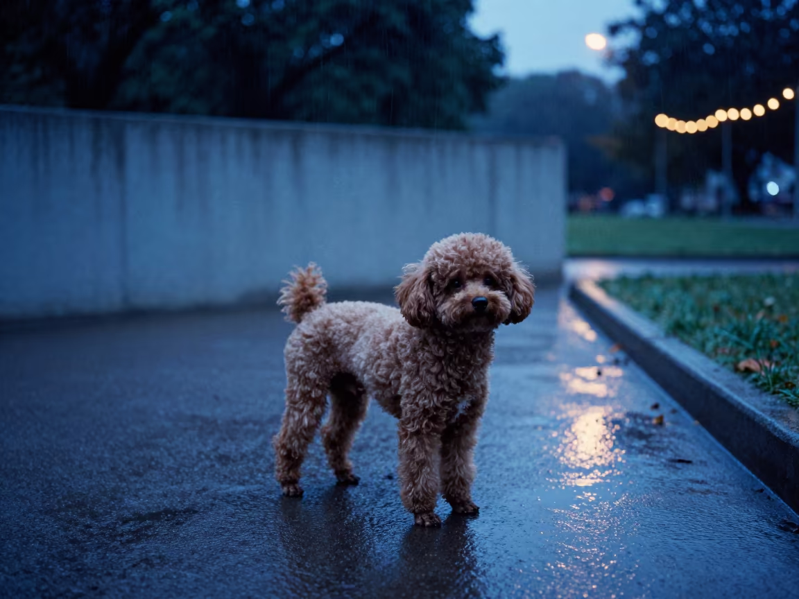 Miniature Poodle on Park Path in Drizzle in beside a plain courtyard wall in clear daylight with the animal at eye level near Markham