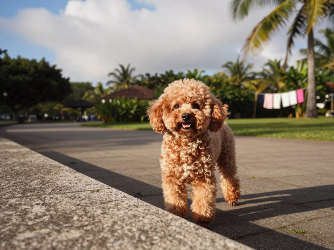 Miniature Poodle on Park Path Near Amman Garden in near a garden edge with soft morning light and an uncluttered background near Amman