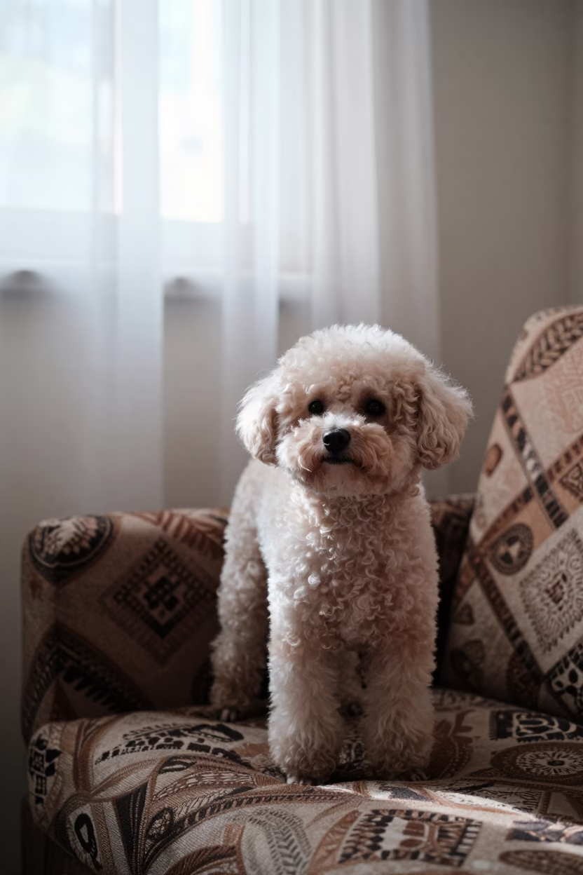 Miniature Poodle Portrait by Window in Gujranwala in on a sofa near a curtained window with calm indoor light near Gujranwala