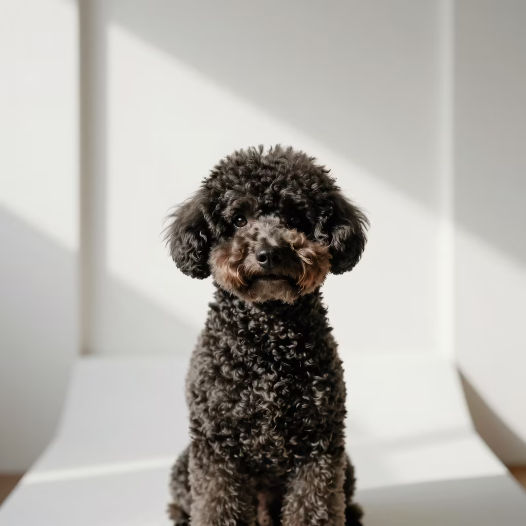 Miniature Poodle Portrait in Quiet Studio in in a quiet portrait studio with a plain backdrop and eye-level framing near Lanzhou