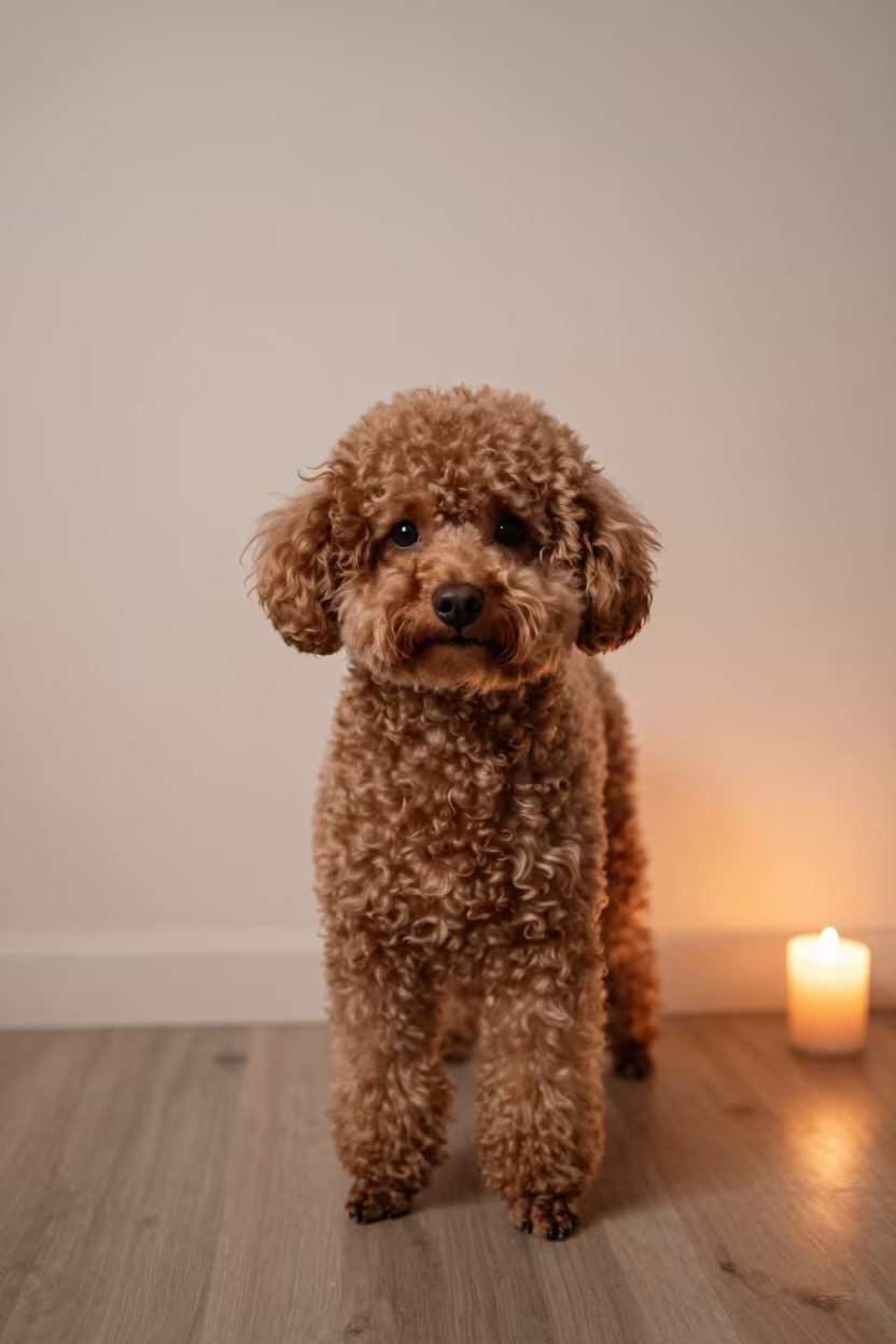 Miniature Poodle Portrait in Warm Indoor Light in beside a plain plaster wall in soft indoor light with the animal centered in frame near Manaus