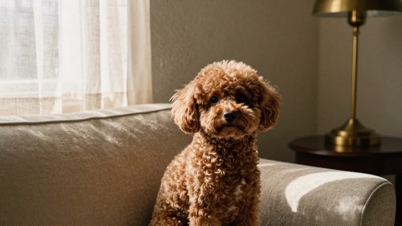 Miniature Poodle Portrait on Sofa in Playa del Carmen in on a sofa near a curtained window with calm indoor light in Playa del Carmen