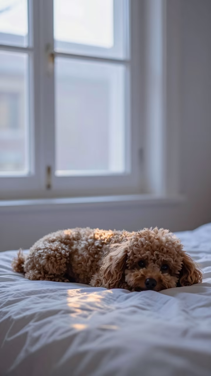 Miniature Poodle Resting on Bedspread at Night in on a bedspread near a bright window with calm indoor light near Bingerville