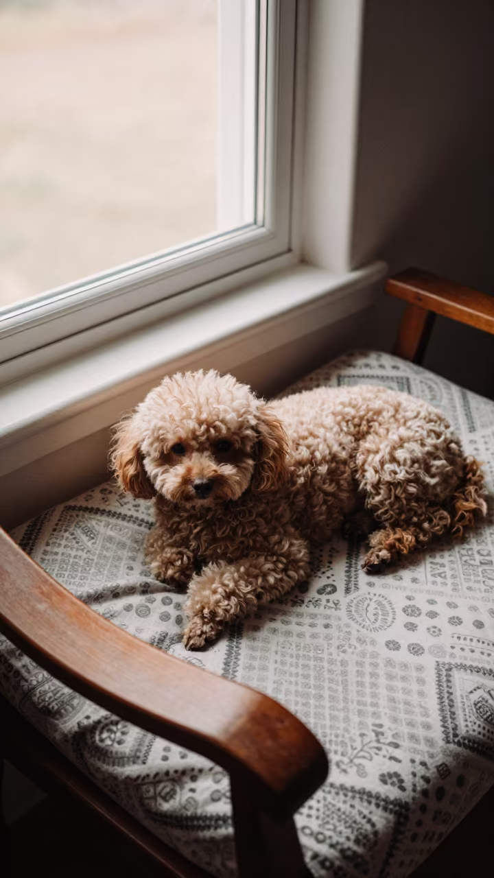 Miniature Poodle Resting on Kumasi Bedspread in on a bedspread near a bright window with calm indoor light near Kumasi