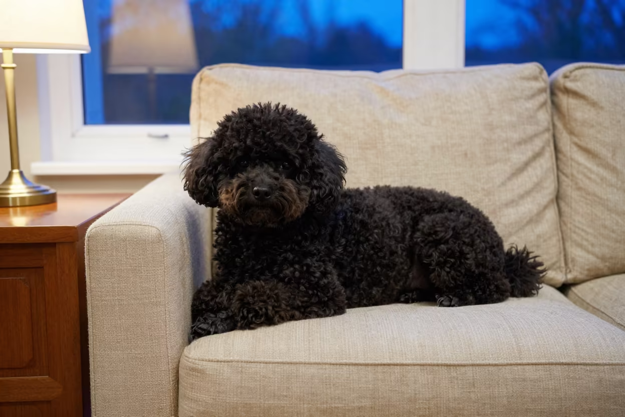 Miniature Poodle Resting on Linen Sofa in on a linen sofa with daylight from a nearby window near Bhilai