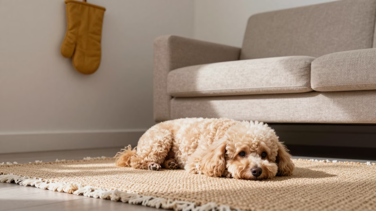Miniature Poodle Resting on Woven Rug in Jaramana Home in on a woven rug beside a low couch and an uncluttered wall in Jaramana