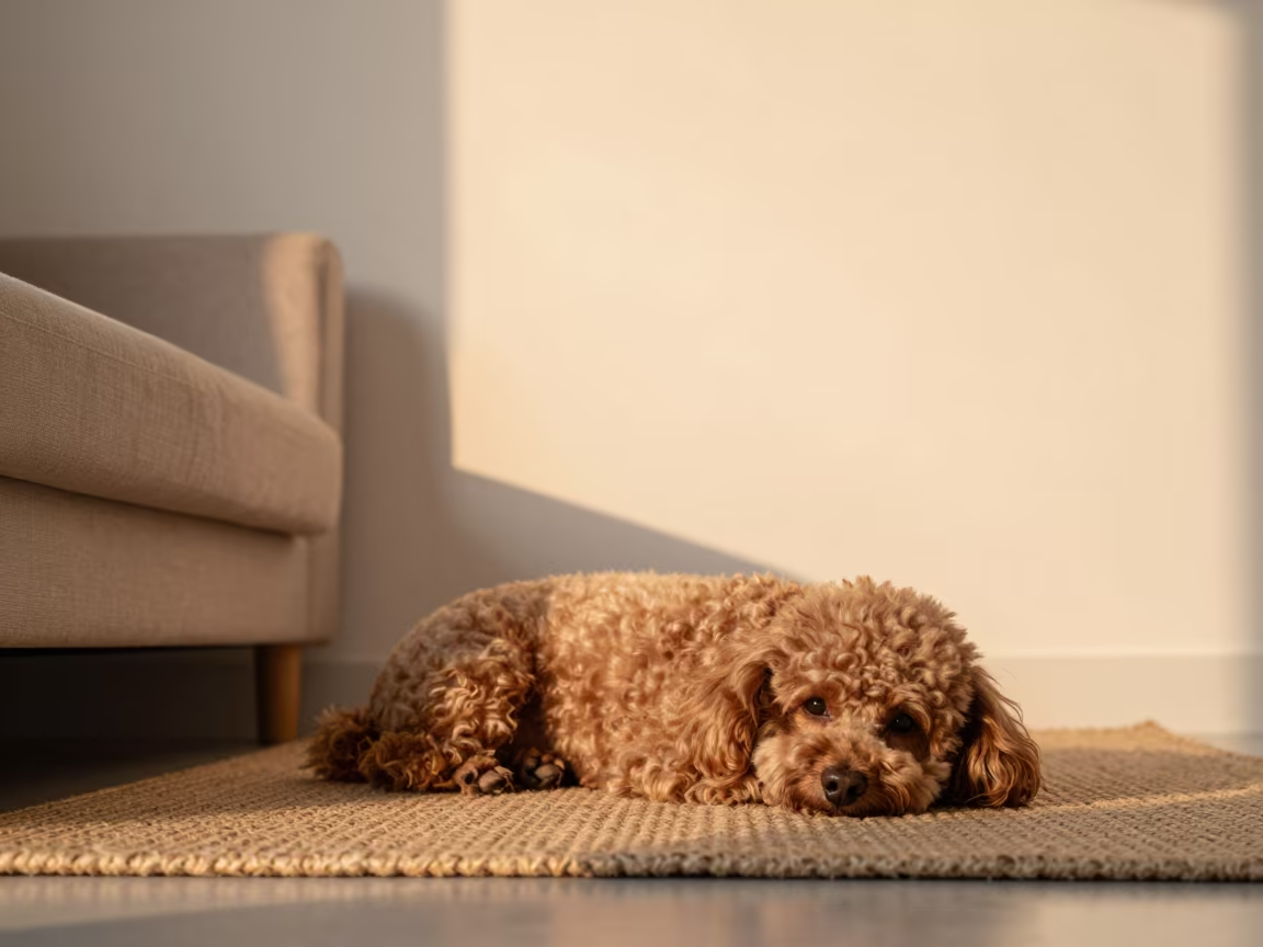 Miniature Poodle Resting on Woven Rug in on a woven rug beside a low couch and an uncluttered wall near Jinan