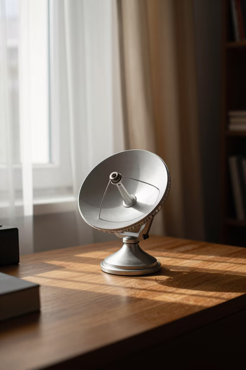 Miniature Radio Telescope on Desk in Yerevan in on a writing desk in Yerevan