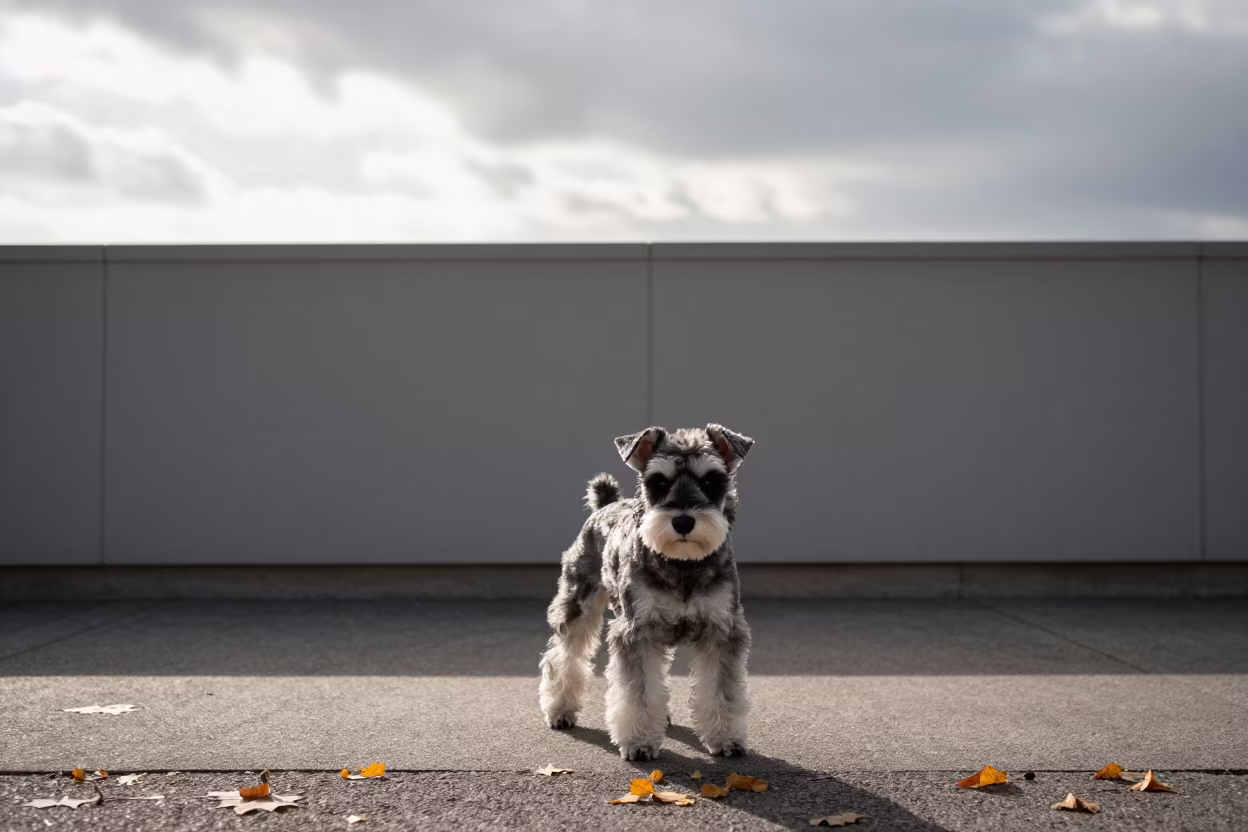 Miniature Schnauzer on Gloucester Park Path in beside a plain courtyard wall in clear daylight with the animal at eye level near Gloucester