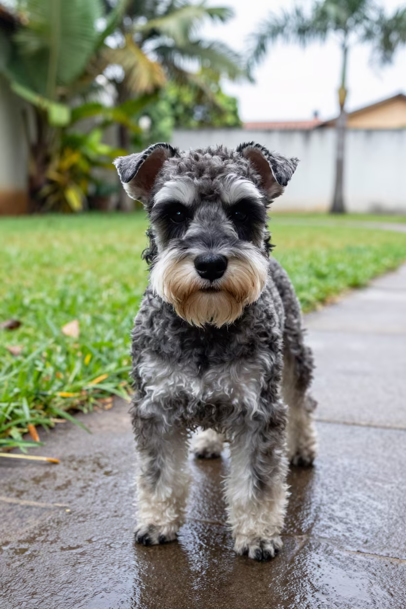 Miniature Schnauzer Portrait in Curitiba Park in in a small yard with clipped grass, calm light, and the animal centered in frame in Curitiba