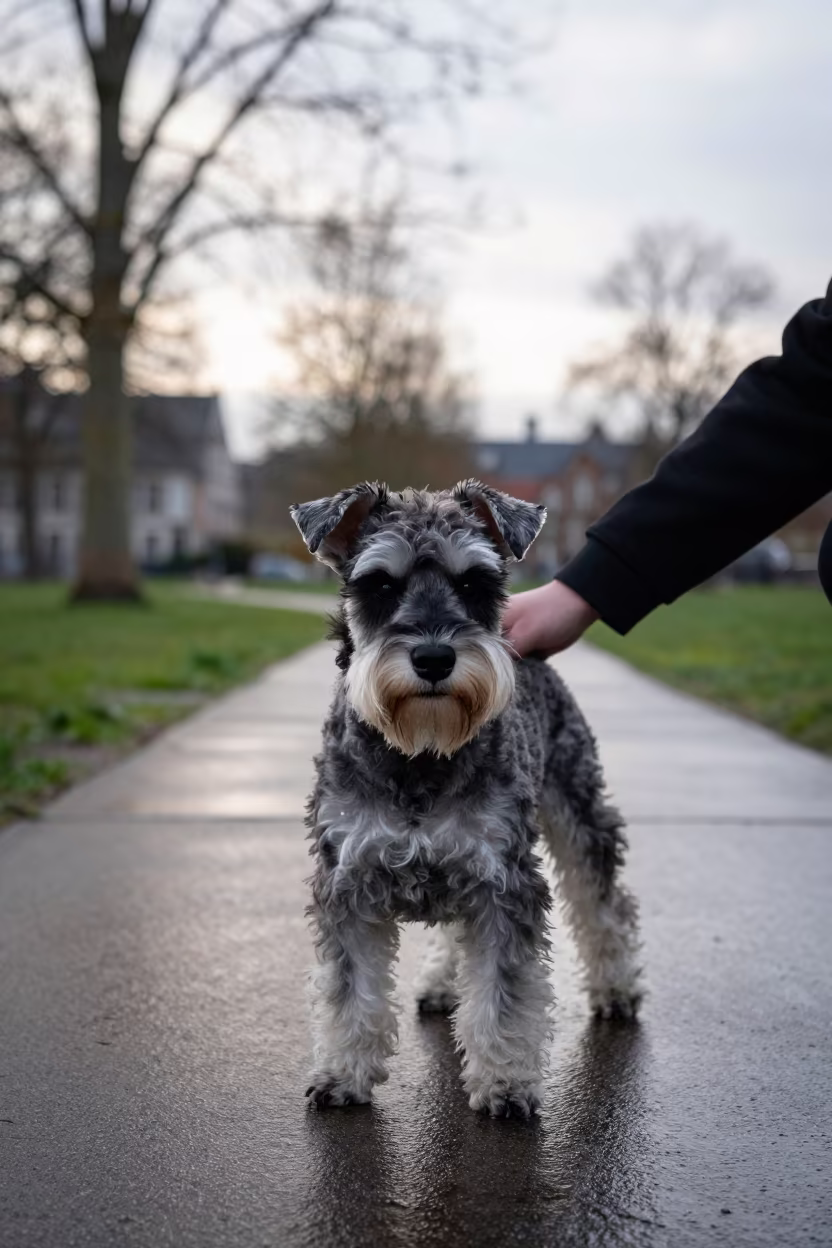 Miniature Schnauzer Portrait in Early Spring Park in along a quiet park path with soft open shade and a clean background near Sint-Pieters, Ghent