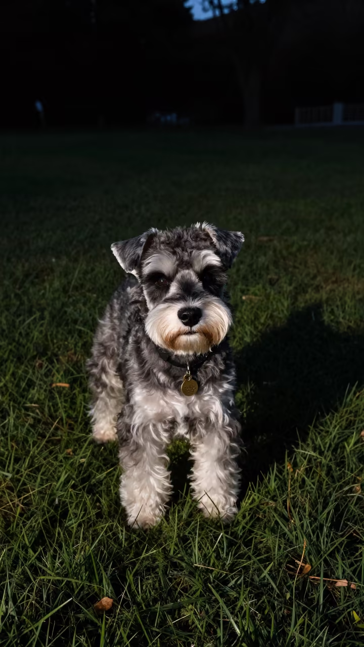 Miniature Schnauzer Portrait in Predawn Yard in in a small yard with clipped grass, calm light, and the animal centered in frame in Tongi