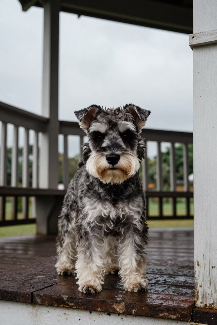 Miniature Schnauzer Portrait on Shaded Libreville Porch in on a shaded front porch with boards, railings, and eye-level framing in Libreville