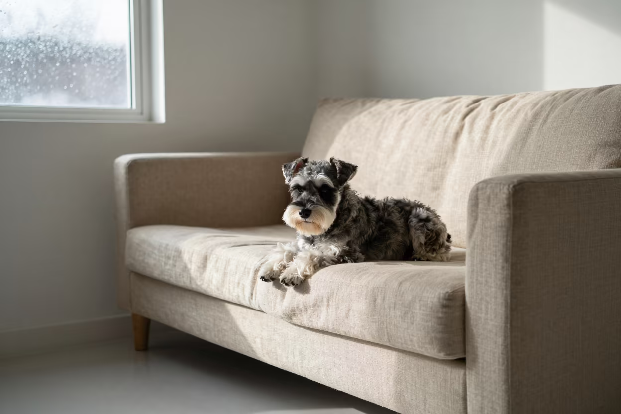 Miniature Schnauzer Resting on Linen Sofa in on a linen sofa with daylight from a nearby window in Beed