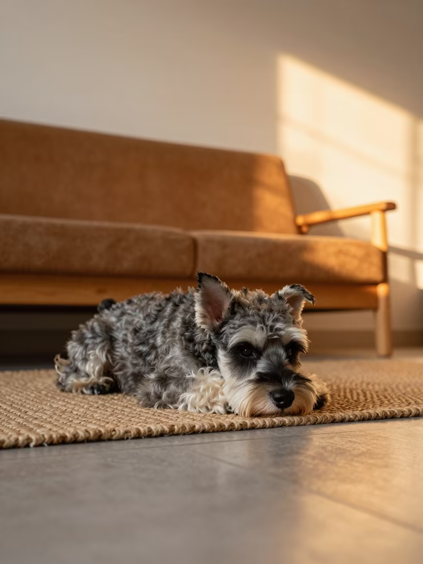 Miniature Schnauzer Resting on Rug in Medan Home in on a woven rug beside a low couch and an uncluttered wall near Medan