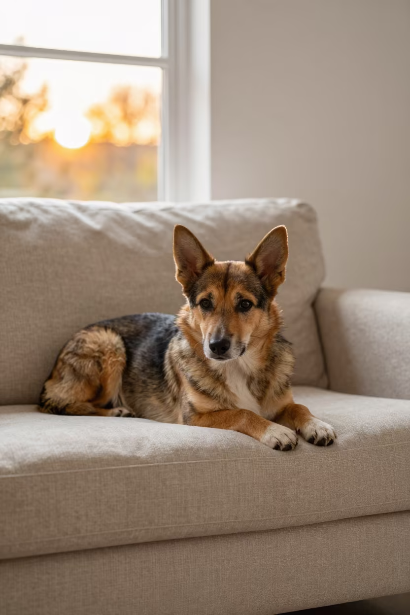 Miniature Shepherd on Linen Sofa at Sunset in on a linen sofa with daylight from a nearby window in Curitiba