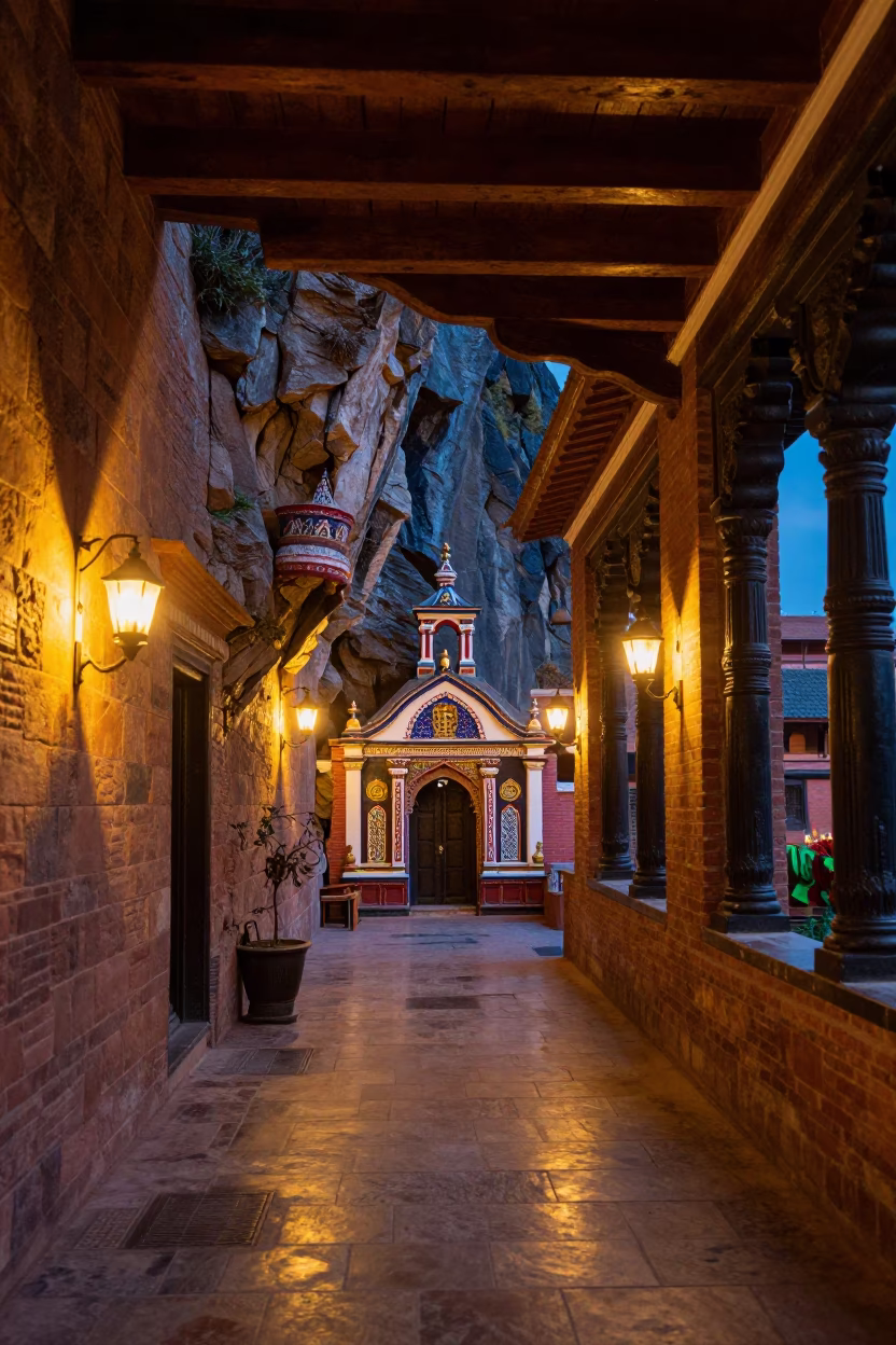 Miniature Spanish Hermitage Chapel in Kathmandu Corridor in along a monastery corridor in Kathmandu