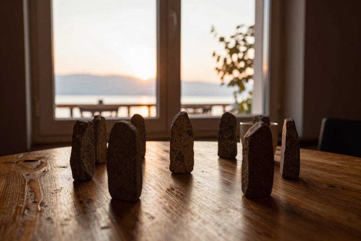 Miniature Stone Circle on Ohrid Cafe Table at Sunset in on a cafe table by a window in Ohrid