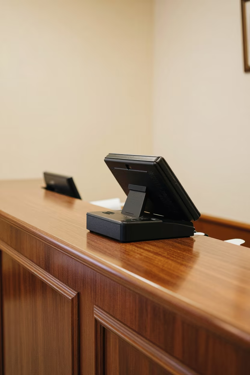 Minibar Audit Scanner Dock at Vladivostok Reception in at a reception desk under warm light in Vladivostok