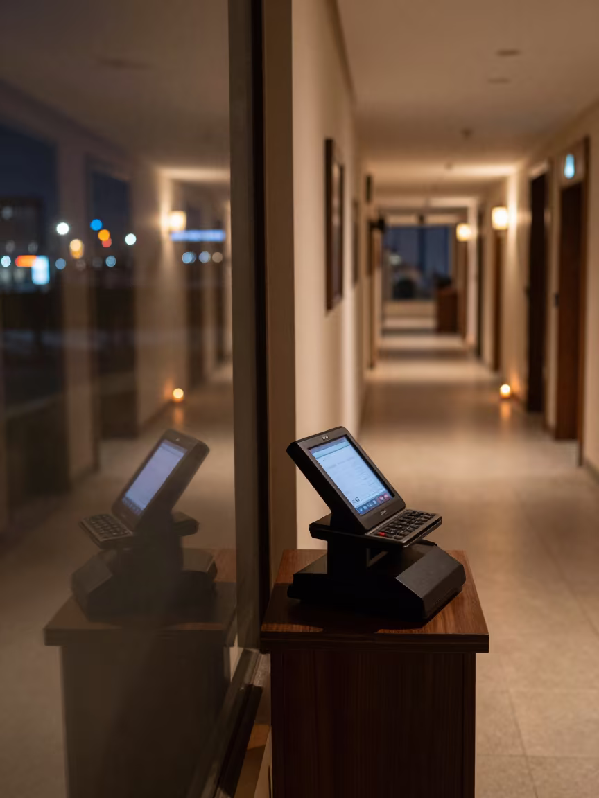 Minibar Audit Scanner Dock Winter Night in in a quiet guest corridor near Patiala