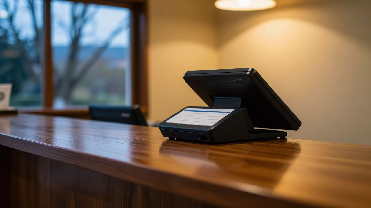 Minibar Audit Scanner at Reception Desk Morning in at a reception desk under warm light in Ambato