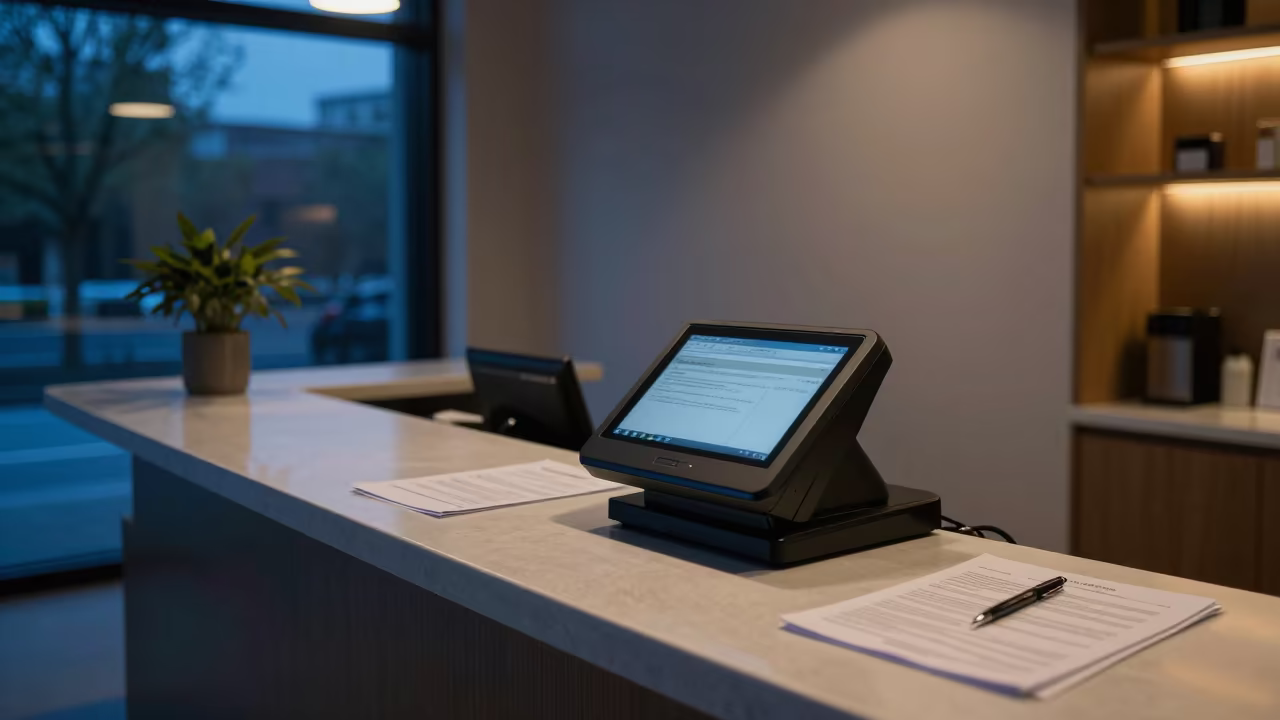 Minibar Audit Scanner at Reception Desk Twilight in at a reception desk under warm light near Hefei