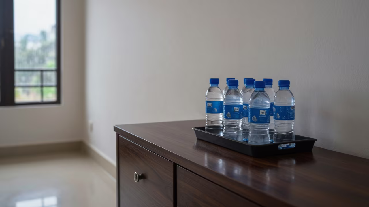 Minibar restock tray on guest room credenza in inside a breakfast room before opening in Satkhira