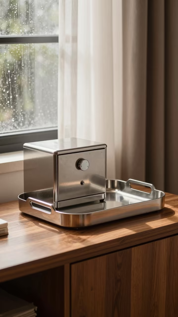 Minibar Restock Tray on Hotel Credenza Morning Light in inside a banquet hall before service near Godavarikhani