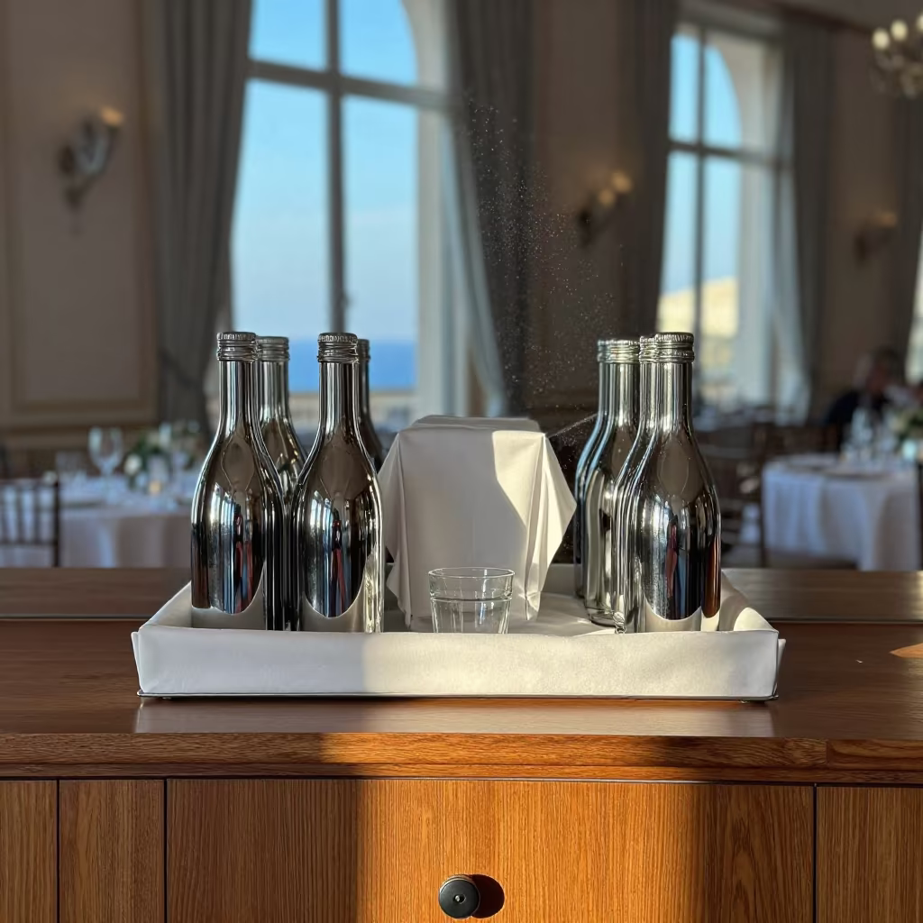 Minibar Restock Tray Morning Light Marseille in inside a banquet hall before service in Marseille